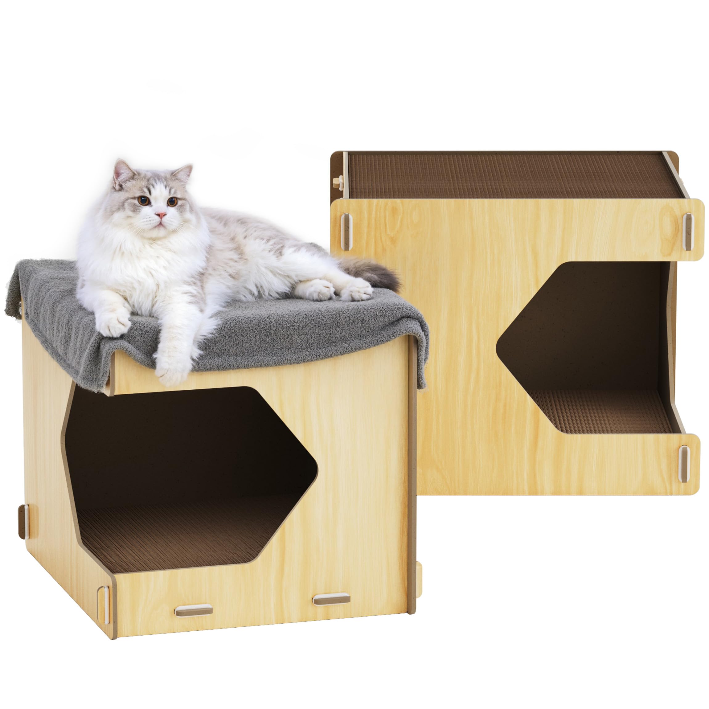 Adolug Wooden Cat House Corrugated Cat Scratch Board, Removable Scratching Pad with Buckle Design, Durable, Easy to Clean, No Odor, Ideal for Scratching and Resting.