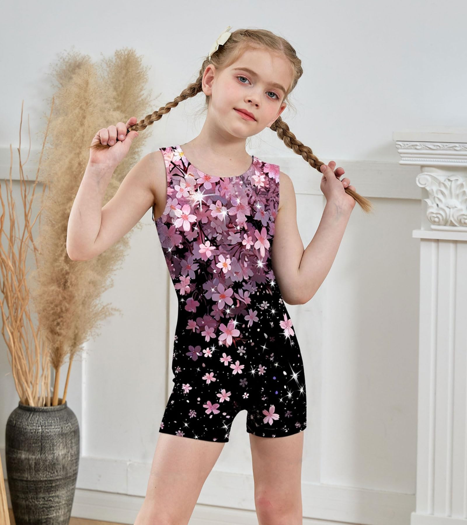Girls Leotards for Gymnastics Sparkly Biketards Unitard with Shorts Quick Dry Dance Outfits 4-9 Years - 4