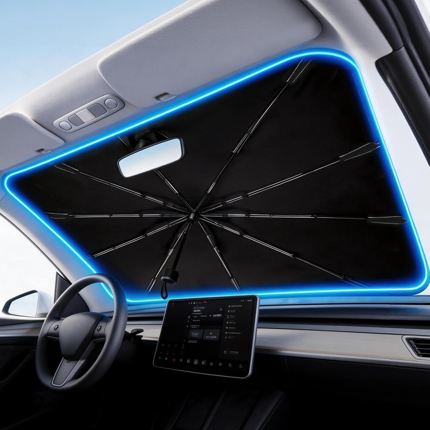 Car Windshield Sun Shade Umbrella: Foldable Front Window Cover with UV & Heat Insulation - Keep Cool and Protect Interior for Auto Sedan SUV (56" L x 31" W)