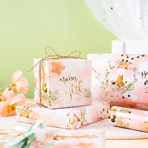 Miniatura 4 de WRAPAHOLIC Rollo de papel de regalo para niña, mini rollo, 17 pulgadas x 16.5 pies, diseño de jirafa dorada para niños, niñas, baby shower,