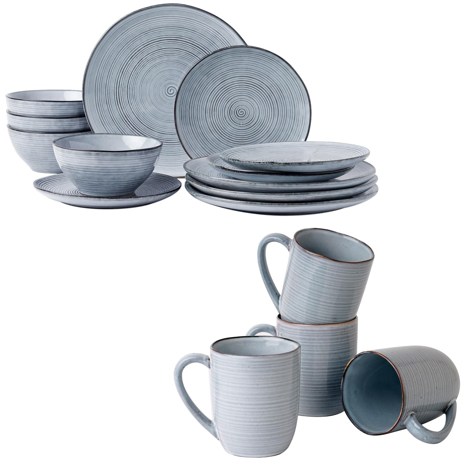 famiwareTempus Plates and Bowls Set with 14 oz Coffee Mugs Set, 16 Pieces Dinnerware Sets - Castle Wall