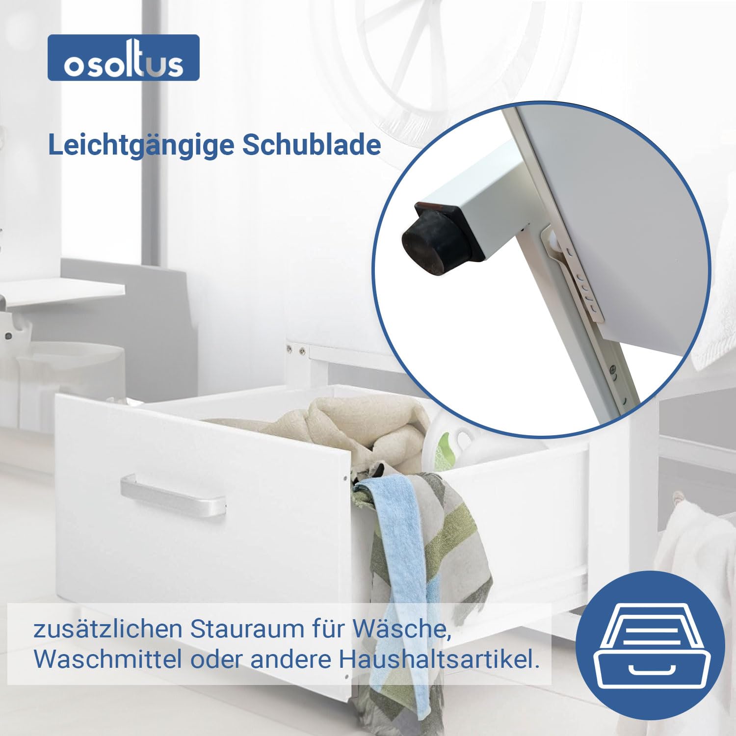 osoltus Waschmaschinen Untergestell lackierter Metall Sockel | Erhöhung für Waschmaschine oder Trockner mit höhenverstellbaren Schwingungsdämpfer Soft Stand 150kg Tragkraft | hochwertige Schublade