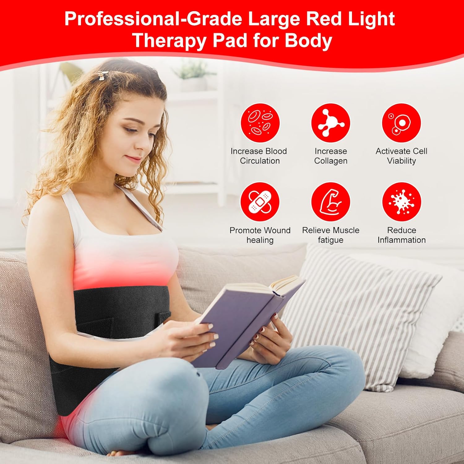 Red Light Therapy Pad 31.5" x 11.8" Large Mat 660nm & 850nm Infrared Light Therapy Devices Wearable Wrap Belt for Full Body Shoulders Waist Back Knee Joint Muscle Pain Relief - Image 3