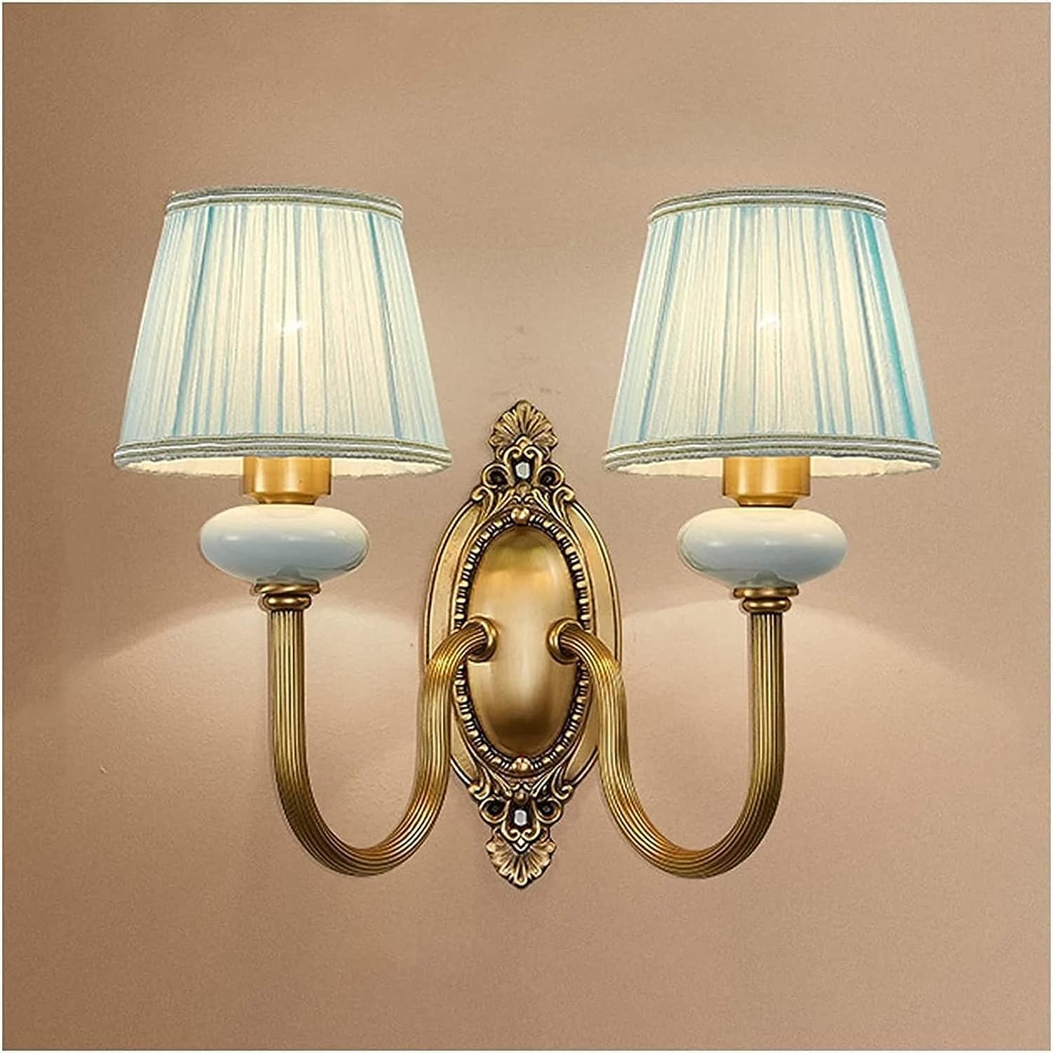 Applique da Parete per Interni Luce in Ottone Anticato con Paralume in Tessuto Plissettato Vintage Blu 2 Luci Lampade da Parete in Rame Comodino per Camera da Letto Corridoio Soggiorno