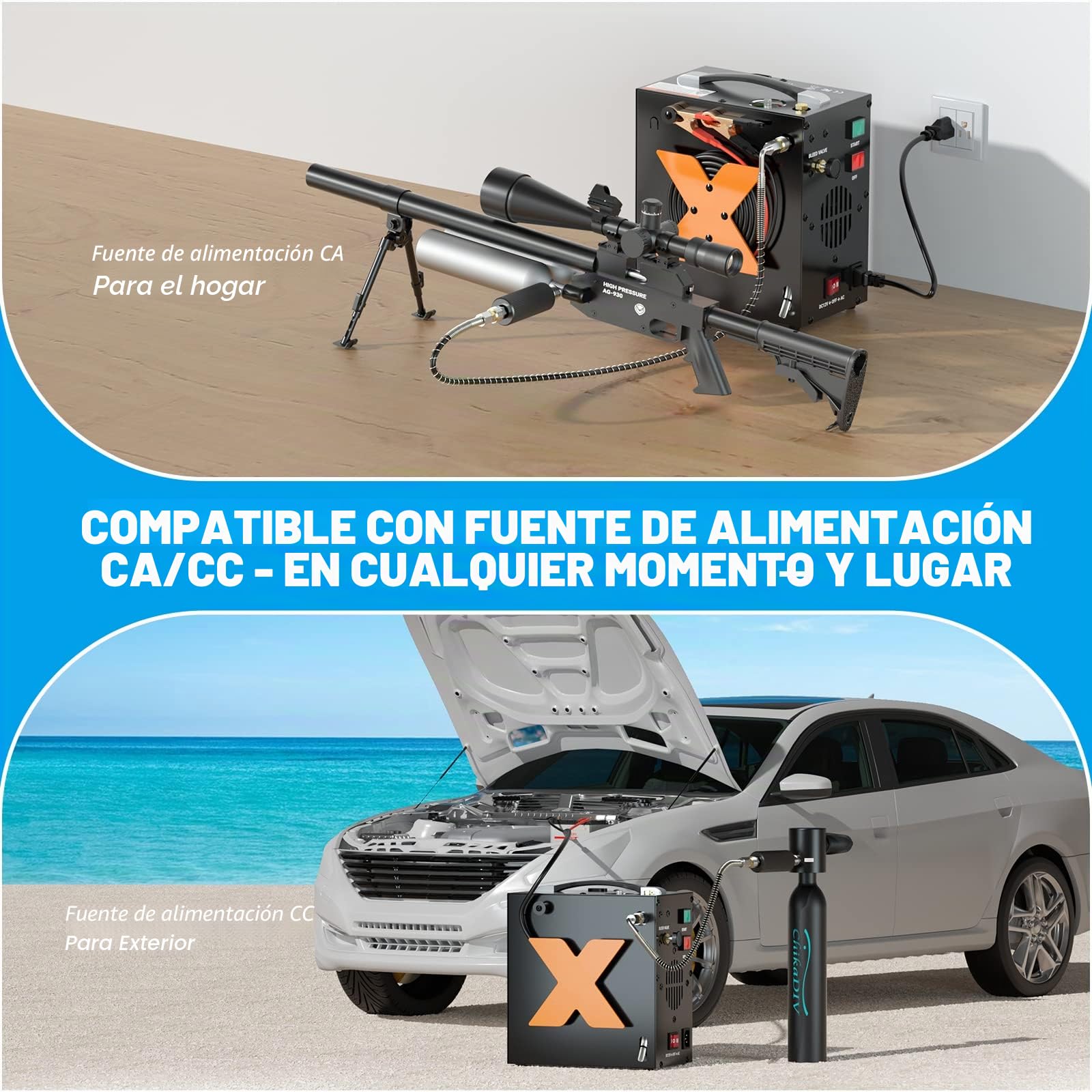 Compresor de aire PCP parada automática, Adecuado para botellas de buceo, presión de aire de hasta 4500PSI/300Bar/20Mpa, sin aceite por automóvil 12V CC o doméstico 220V CA