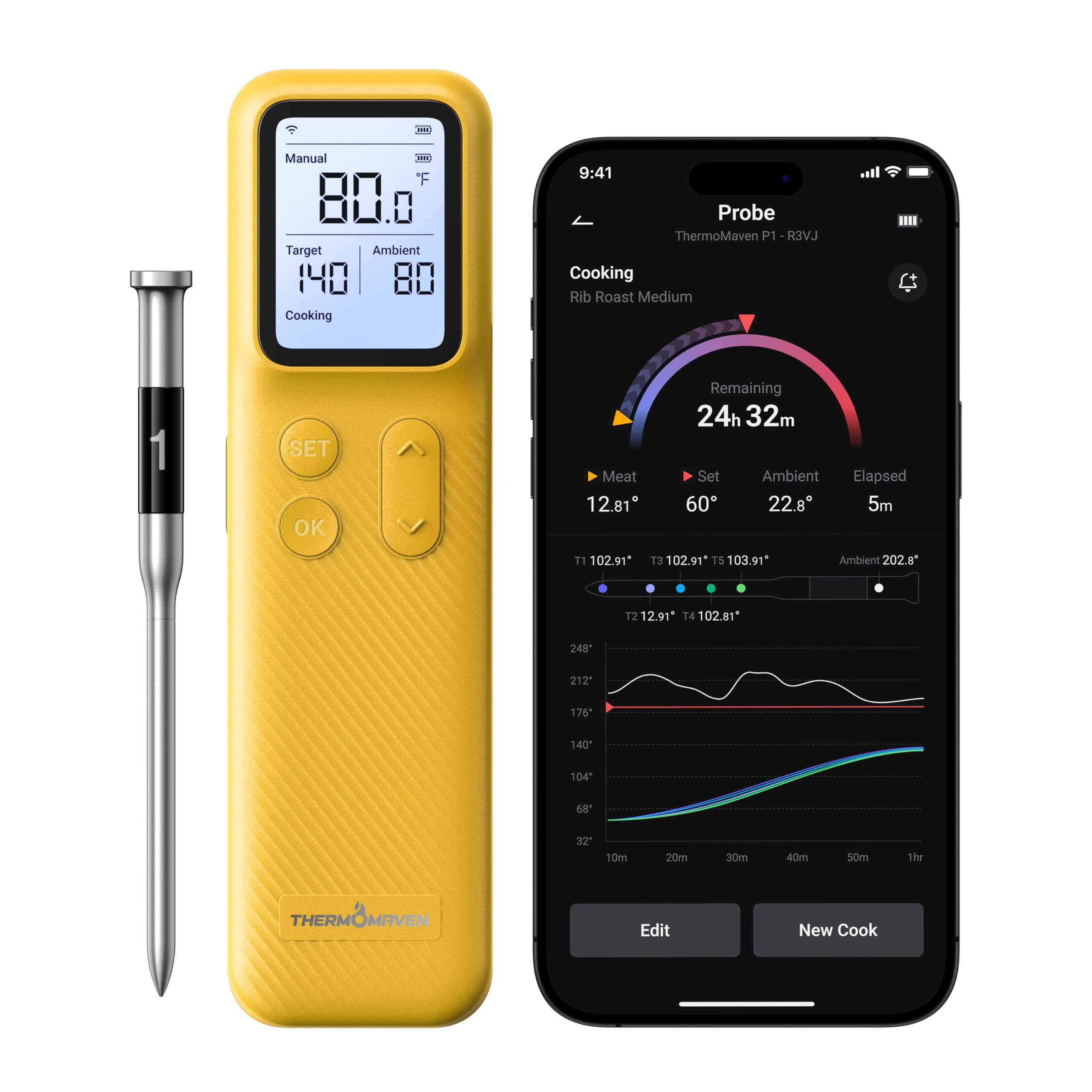 ThermoMaven Smartes Bluetooth Fleischthermometer Kabellos, Basisstation, WLAN Unbegrenzte Reichweite, NIST-zertifizierte Genauigkeit, App Warnungen, Für Grill, Ofen, Smoker, BBQ (Zartgelb)