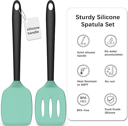 Miniatura 2 de Coukre Juego de 2 Espátulas de Silicona, Resistente al Calor Alto, Libre de BPA, Espátula de Cocina, Volteador Sólido y Ranurado para Sartenes