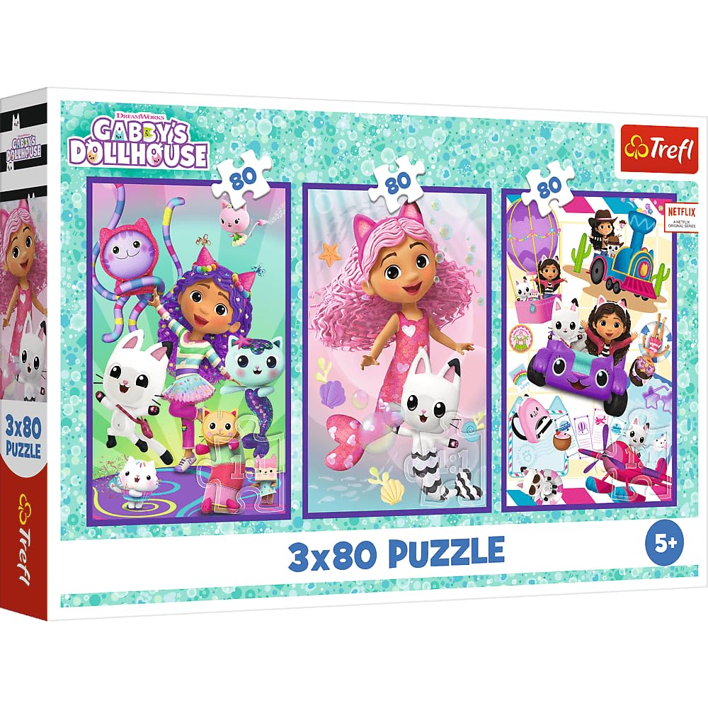 Trefl 3-in-1 Puzzle: Gabby's Dollhouse, Gabby's Colourful Days - 3 x 80 Pieces, 3 Puzzle Set for Children from 5 Years
