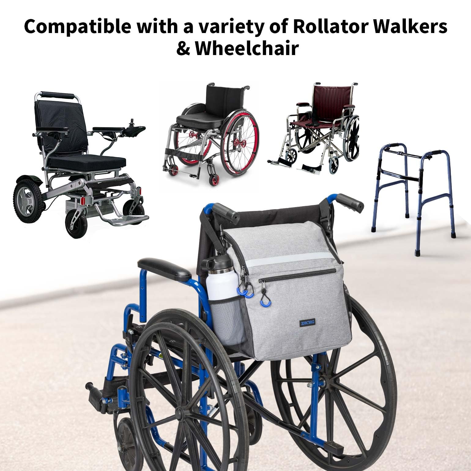 ZHCHG Bolsas para silla de ruedas, mochila para silla de ruedas con portavasos, bolsas para sillas de ruedas para colgar en la parte posterior, accesorios para sillas de ruedas eléctricas, bolsa de