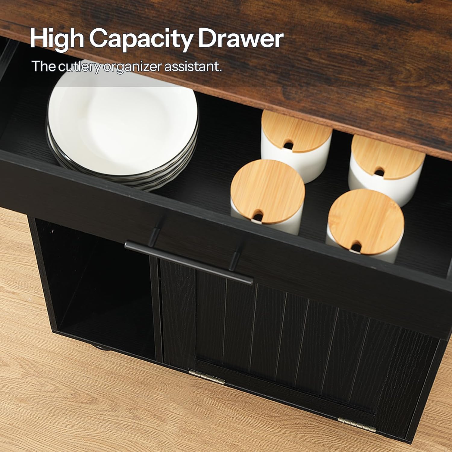 HOOBRO Kitchen Island with Trash Can Storage, Rolling Kitchen Island on Wheels, Mobile Island Cart with Power Outlet, Islands Table for 10 Gallon Garbage Bin, Rustic Brown and Black BF80UZD01G1