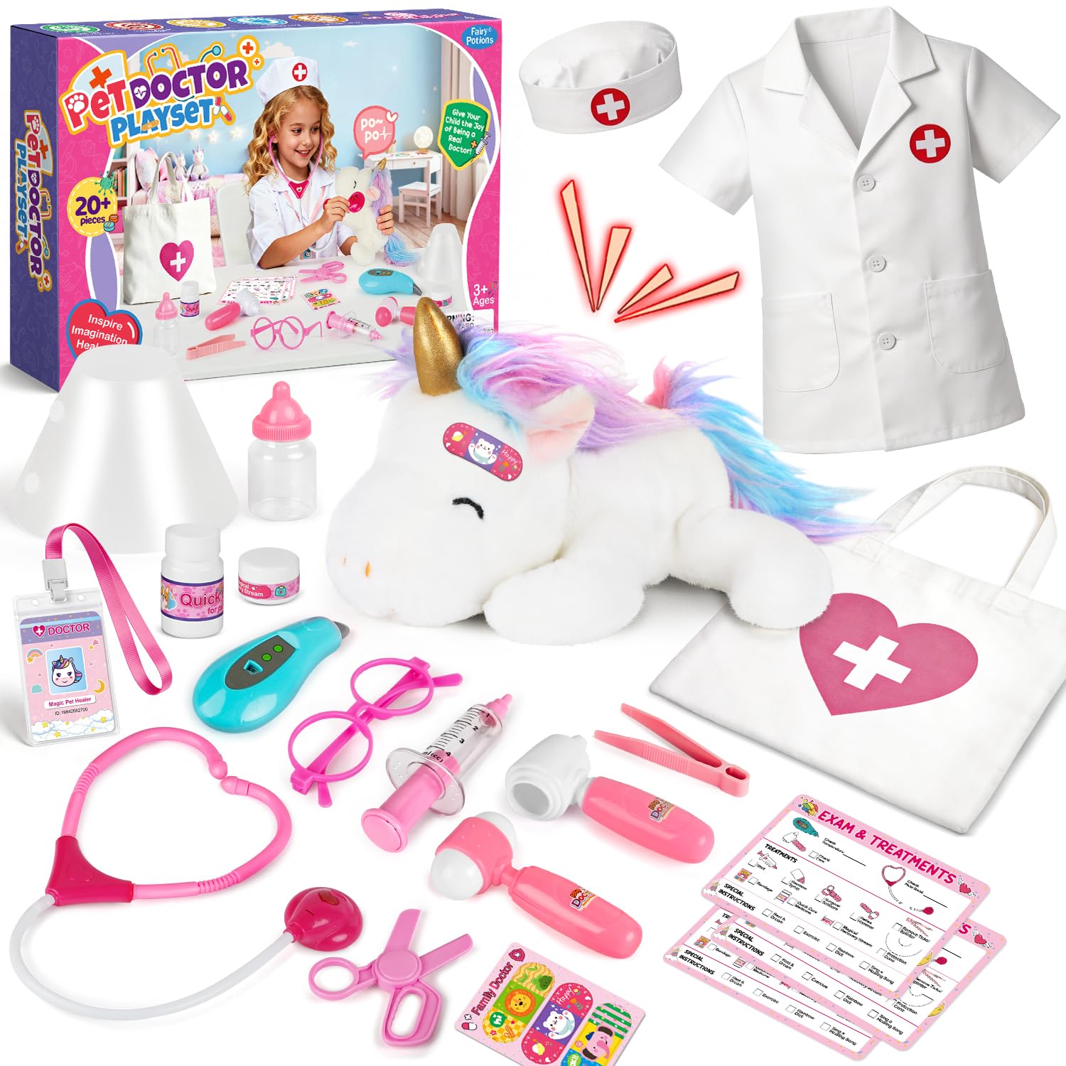 Kit Docteur Enfants, Coffret Médicale avec Peluche Licorne et Blouse de Docteur, Jeu de Rôle pour Enfants 3 4 5 6 Ans - Cadeau Noël et Anniversaire