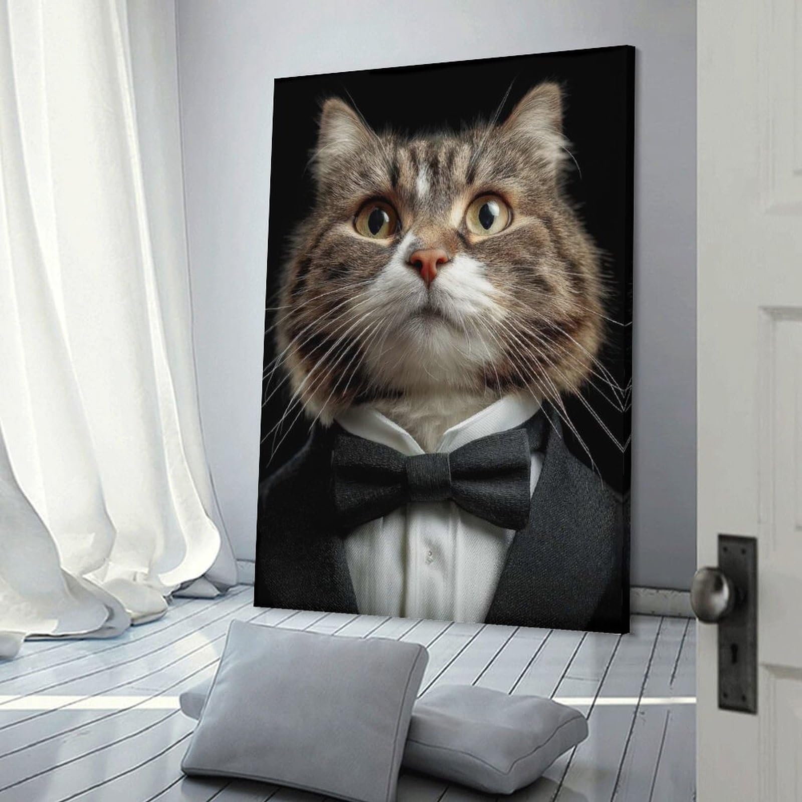 Junmoney Canvas Wall Picture Cat in Tuxedo, 20x30inch(50x75cm), for Home Lounge, Bedroom Or Reading Nook, A Home Accent with Warm Character
