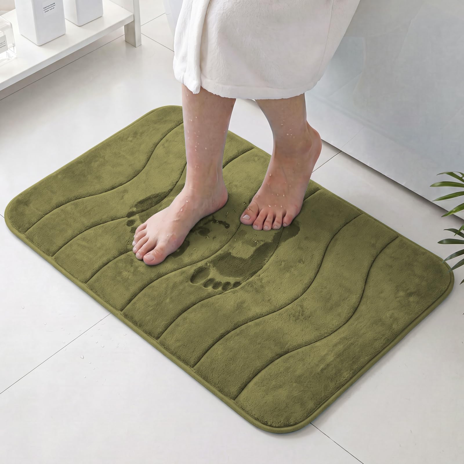 Flamingo P Alfombra de baño de espuma viscoelástica, extra suave, absorbente, antideslizante, para el suelo del baño, bañera y ducha, lavable a máquina, 24 x 36 pulgadas, color verde oliva