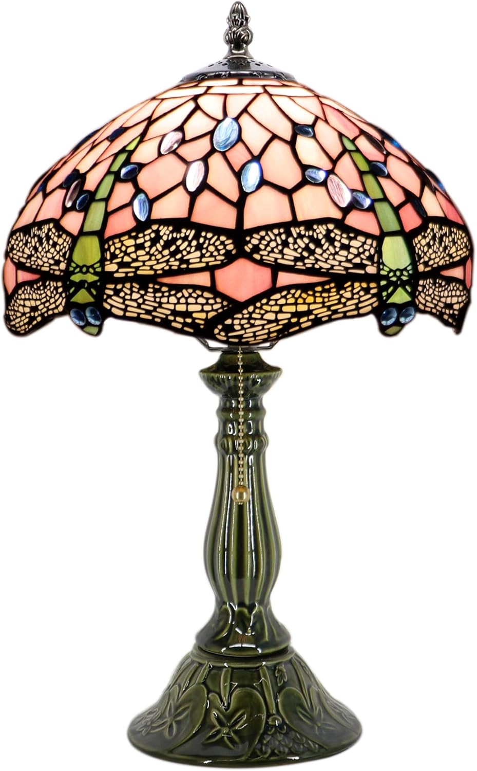 Tiffany Lamp Stained Glass Table Lamps Pink Dragonfly Style Desk Lamp12X12X18.5 Inch Bronze Ceramic Base Reading Light Suitable for Bedside Bedroom Living Room Dining Room Office