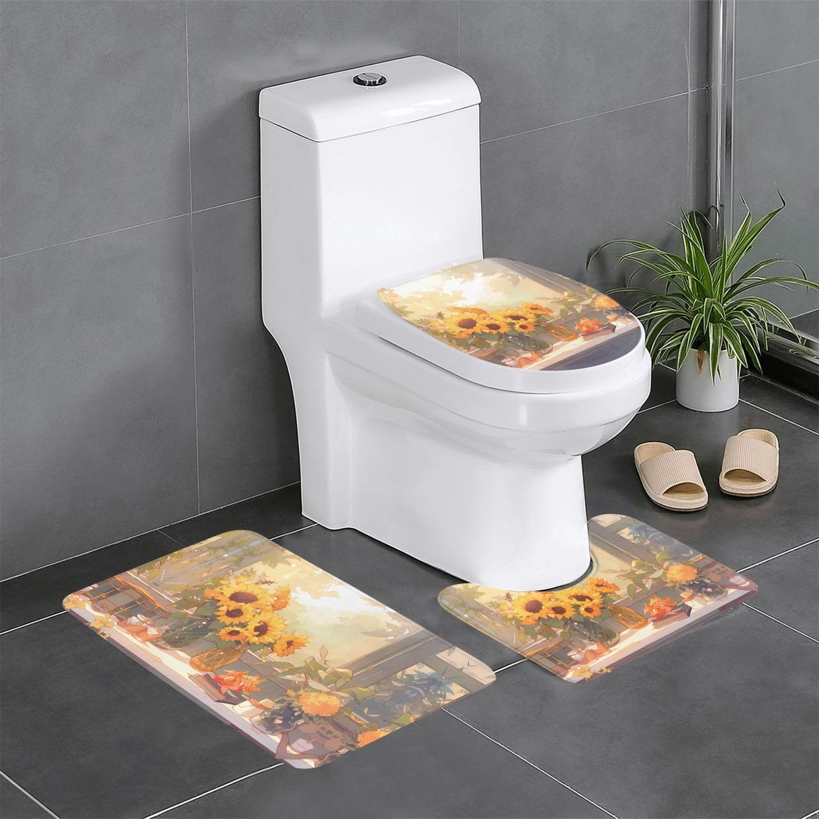 Lot de 3 tapis de bain antidérapants avec motif tournesols pour habiller le sol de votre douche