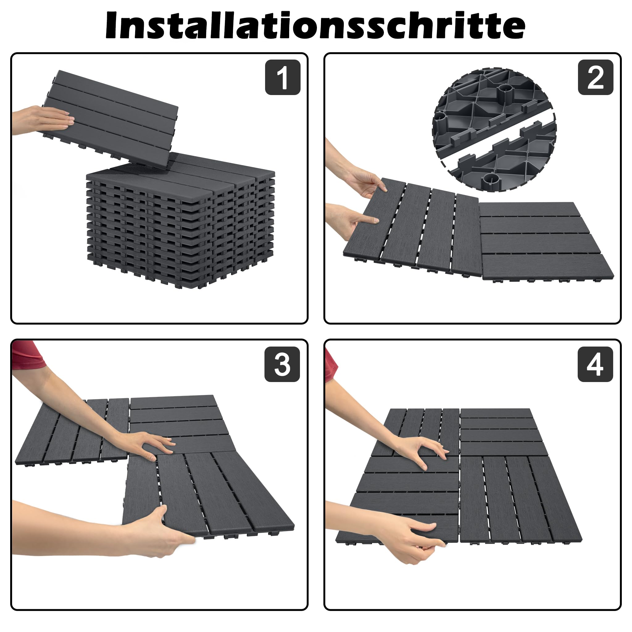 UISEBRT Balkonfliesen Terrassenfliesen mit Aussehen der Holzmaserung, Wetterfeste Platten mit Drainagefunktion, Klickfliesen Terrasse für Balkon Garten, 30x30 cm - Anthrazit(33 Stück=3㎡)