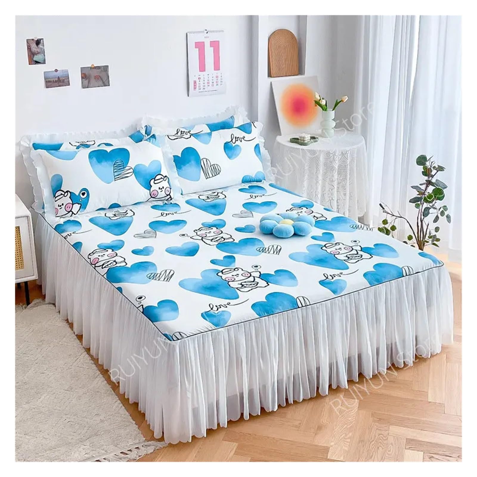 Decorative Lace Ruffled Non-slip Mattress Cover Printed Bedsheet Bed Cover(Style 4,1pc Skirt 180x220cm)
