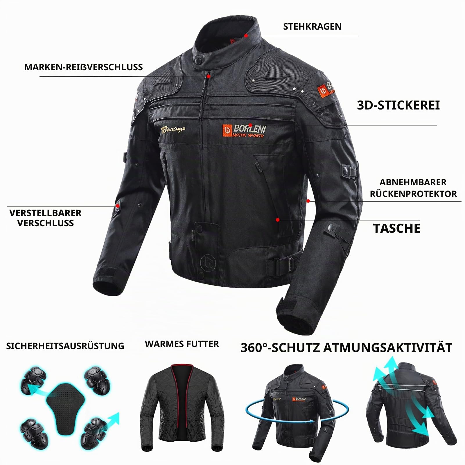 BORLENI Motorradjacke Herren Motorrad Jacke Winddicht mit Protektoren Protektoren Jacke Roller Biker Touren Damen Schwarz XL