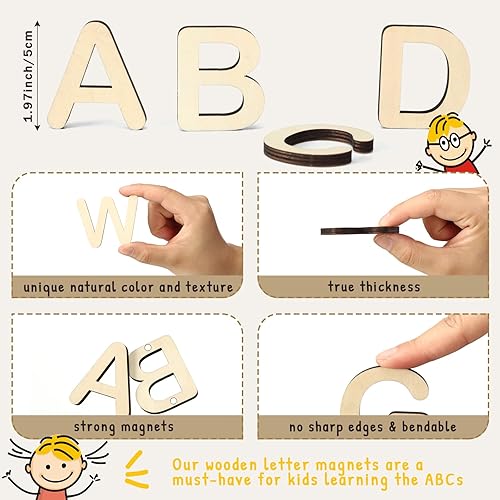Miniatura 2 de Xuhal 52 piezas de letras de madera del alfabeto imanes del alfabeto para nevera, jardín de infantes, regalo para estudiantes de preescolar, hogar,