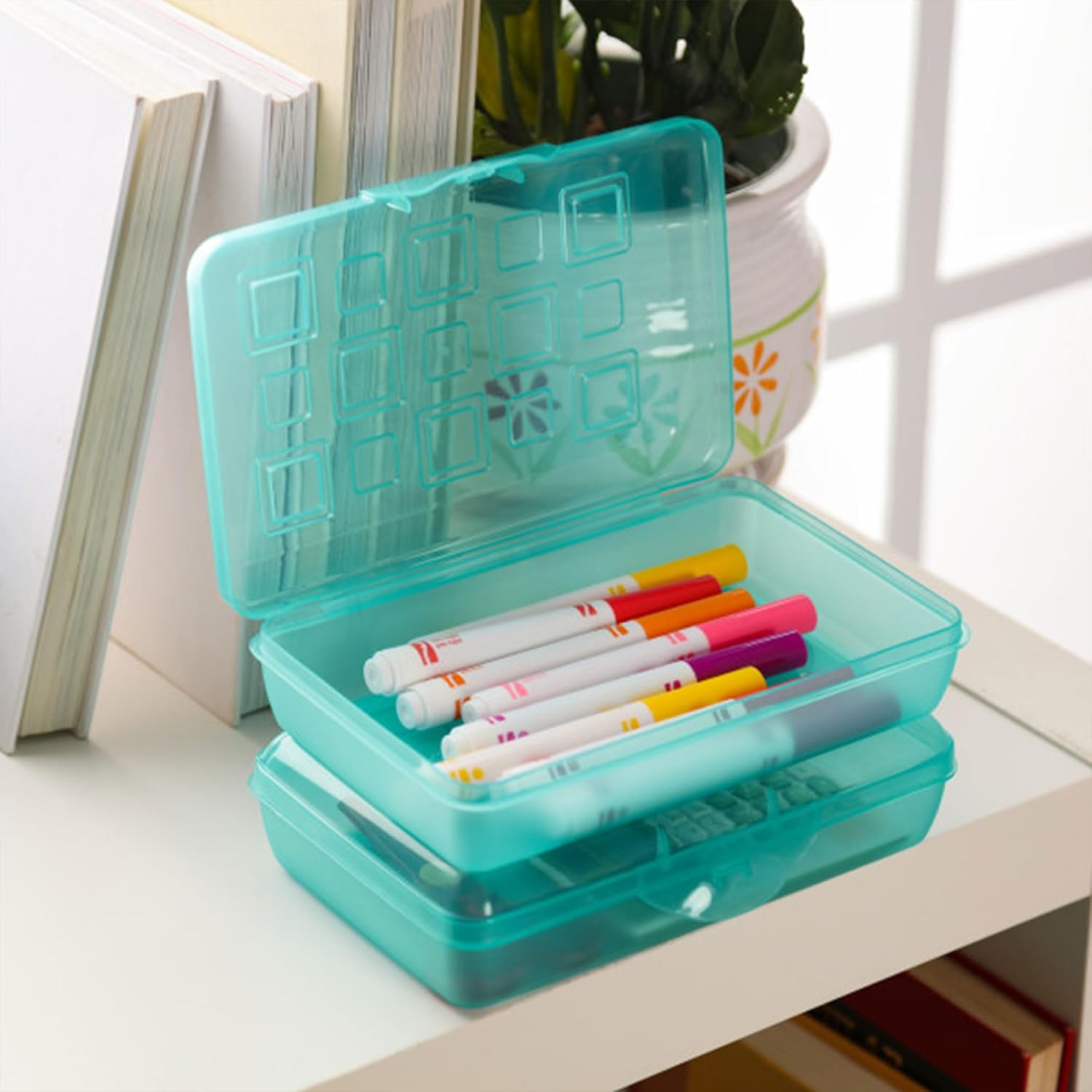 Sterilite Small Translucent Plastic Pencil Box Case with Lid for Office Supplies Pen Holders, Molokai Blue Tint (12 Pack)
