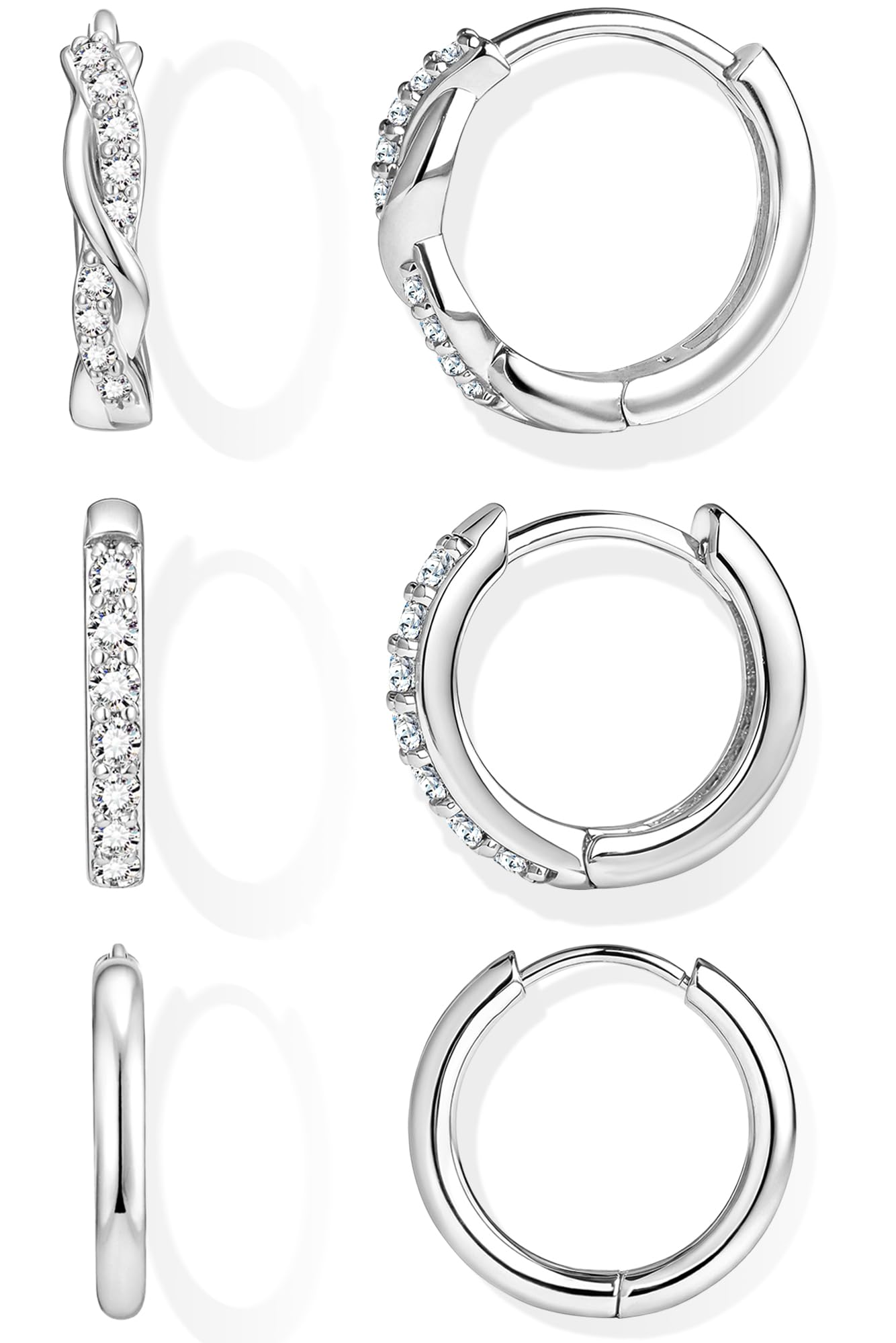 Inerney - Hoop Earrings Set for Women Dainty Sterling Silver Small Stud Earrings for Multiple Piercings Hypoallergenic Jewelry Braided Cubic Zirconia Cartilage Earrings for Women