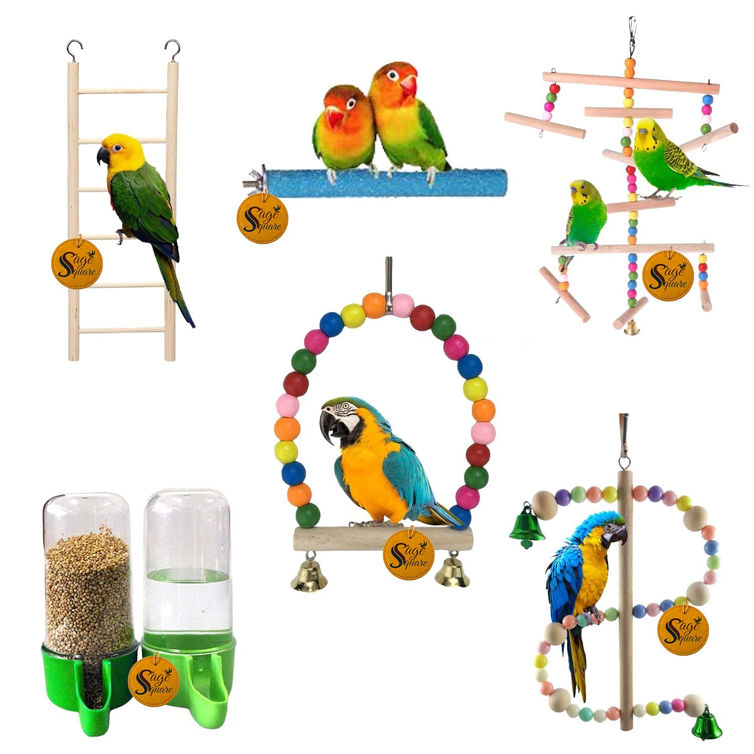 Sage Square Wooden Bird Toys Combo | Bird Feeder, Ladder, Perch, Swing, Hanging Cage Accessory | for Budgie, Parrot, Cockatiel, Parakeet, Conure, Macaw etc (B092QB4BN4) Amazon Price History, Amazon Price Tracker