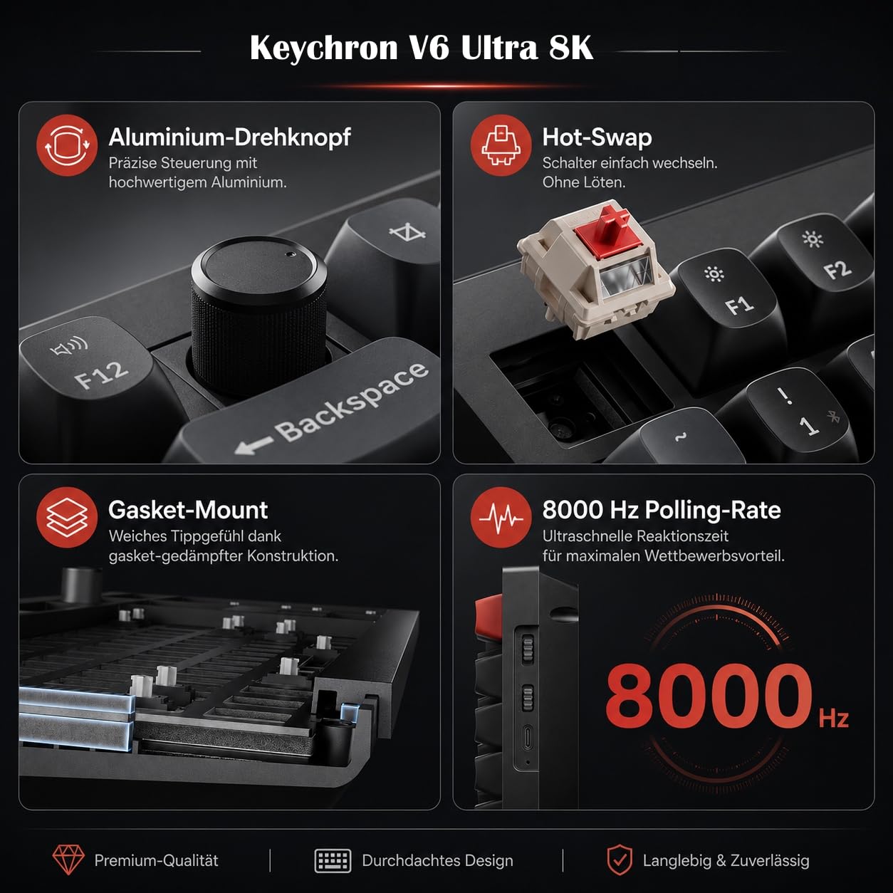 Keychron V6 Ultra 8K Kabellose Mechanische Tastatur, 100% Full-Size DE-ISO Layout, Custom Keyboard mit 2.4 GHz/Bluetooth 5.3/Kabel, 8000 Hz Polling, ZMK, Hot-Swap, PBT Keycaps, RGB, Mac/Windows