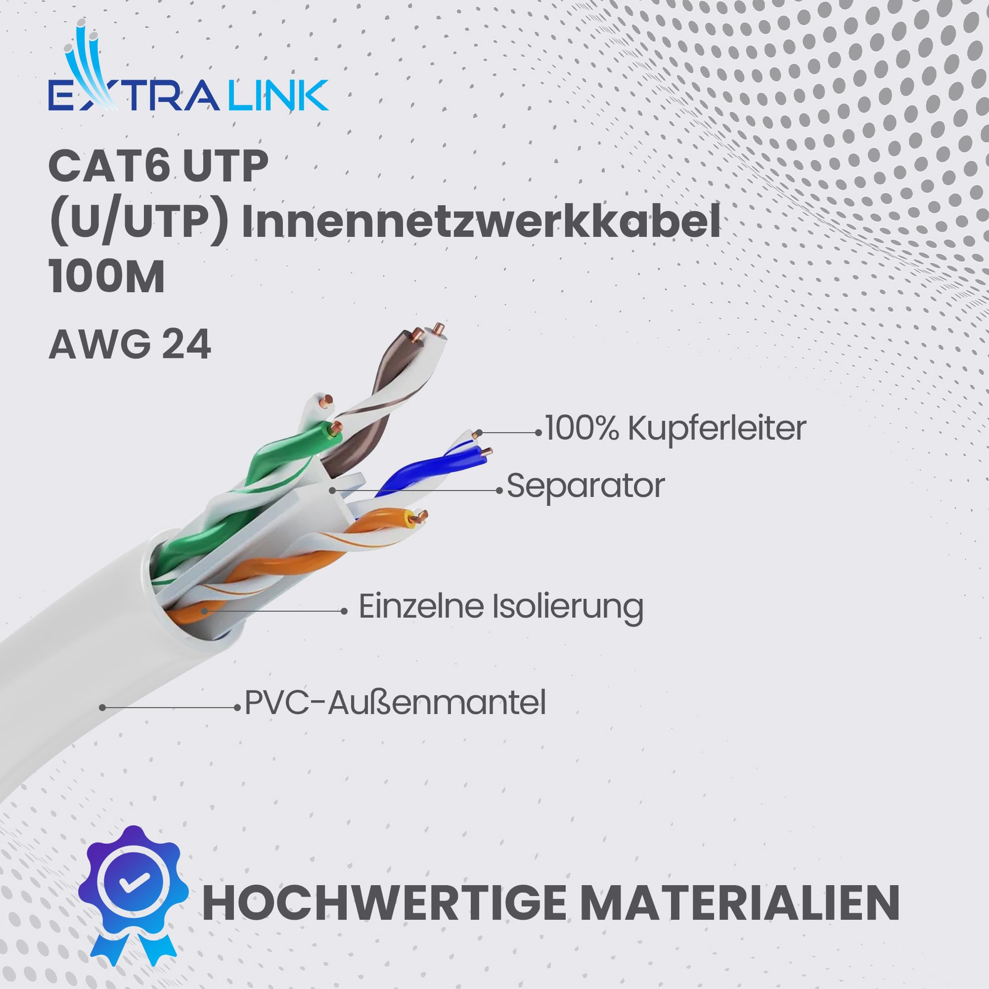 EXTRALINK 100m CAT5e Netzwerkkabel LAN Verlegekabel Innenbereich – 100% Kupfer U/UTP, PVC Mantel, bis 1 Gbit/s, PoE geeignet, flexibel & zuverlässig, ideal für Heimnetzwerke & Büros