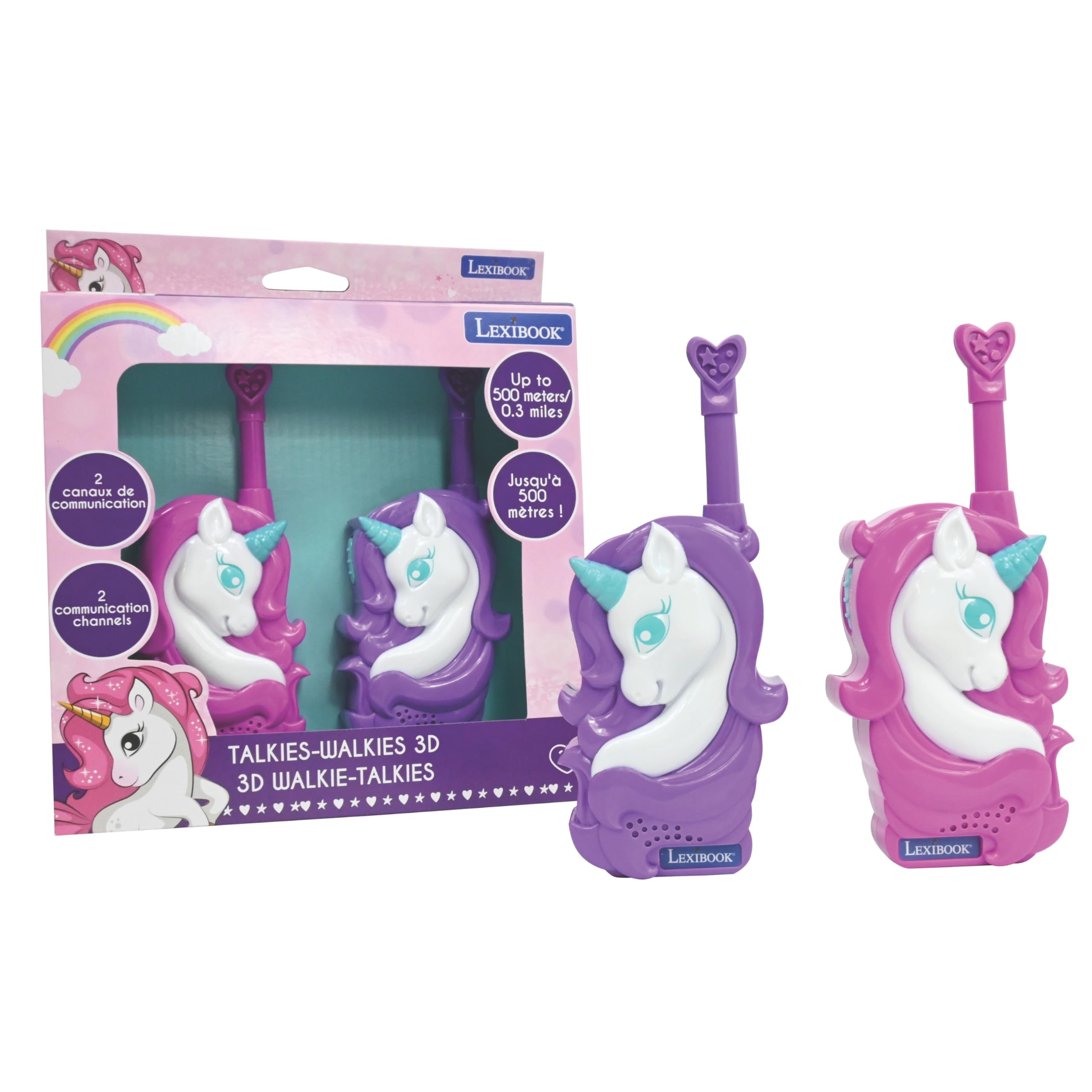 LEXIBOOK, Unicorn, 3D Unicorn Walkie-Talkies, 500m Range, 2 Communication Channels, Belt Clip, Pink/Purple, TW18UNILXB