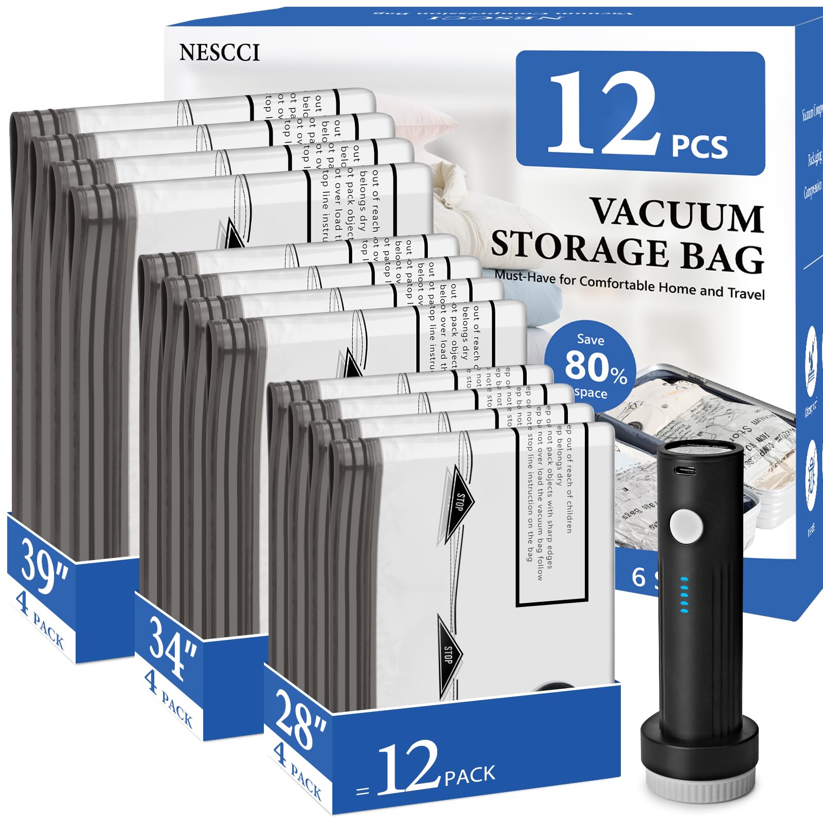 NESCCI Lot de 12 sacs de voyage sous vide pour vêtements avec pompe à air sans fil rechargeable, sacs de rangement sous vide pour bagages, sacs de rangement sous vide