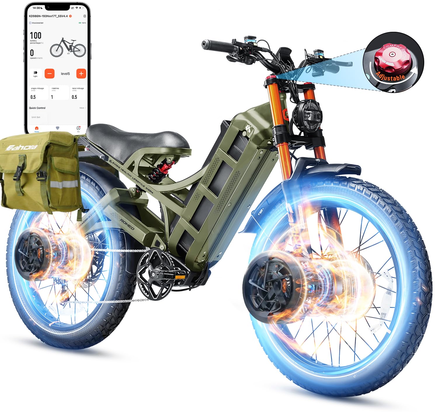 eAhora 2025 Romeo Pro 3/ Pro 2 5600W/ 4000W 46-50MPH Dual Motor Electric Bike for Adults, 80/70Ah/200+ Miles Long Range Electric Bike, 26'' Puncture-Proof Tire, 7-Speed Pedal Assist UL Certificate