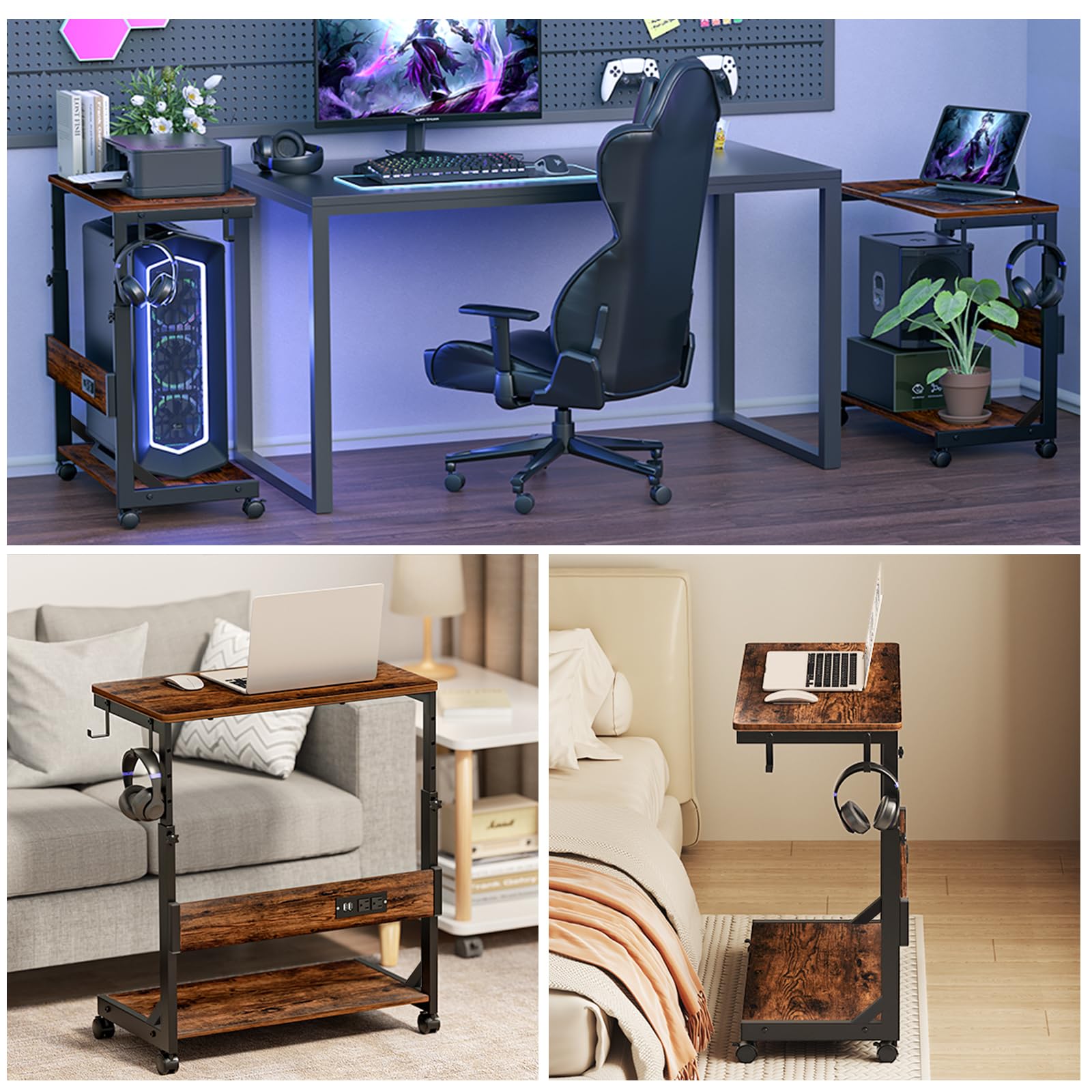 Height Adjustable Computer Tower Stand with Charge Station and USB Charging Port 2-Tier ATX-Case Cart Under Desk Mobile — view 8