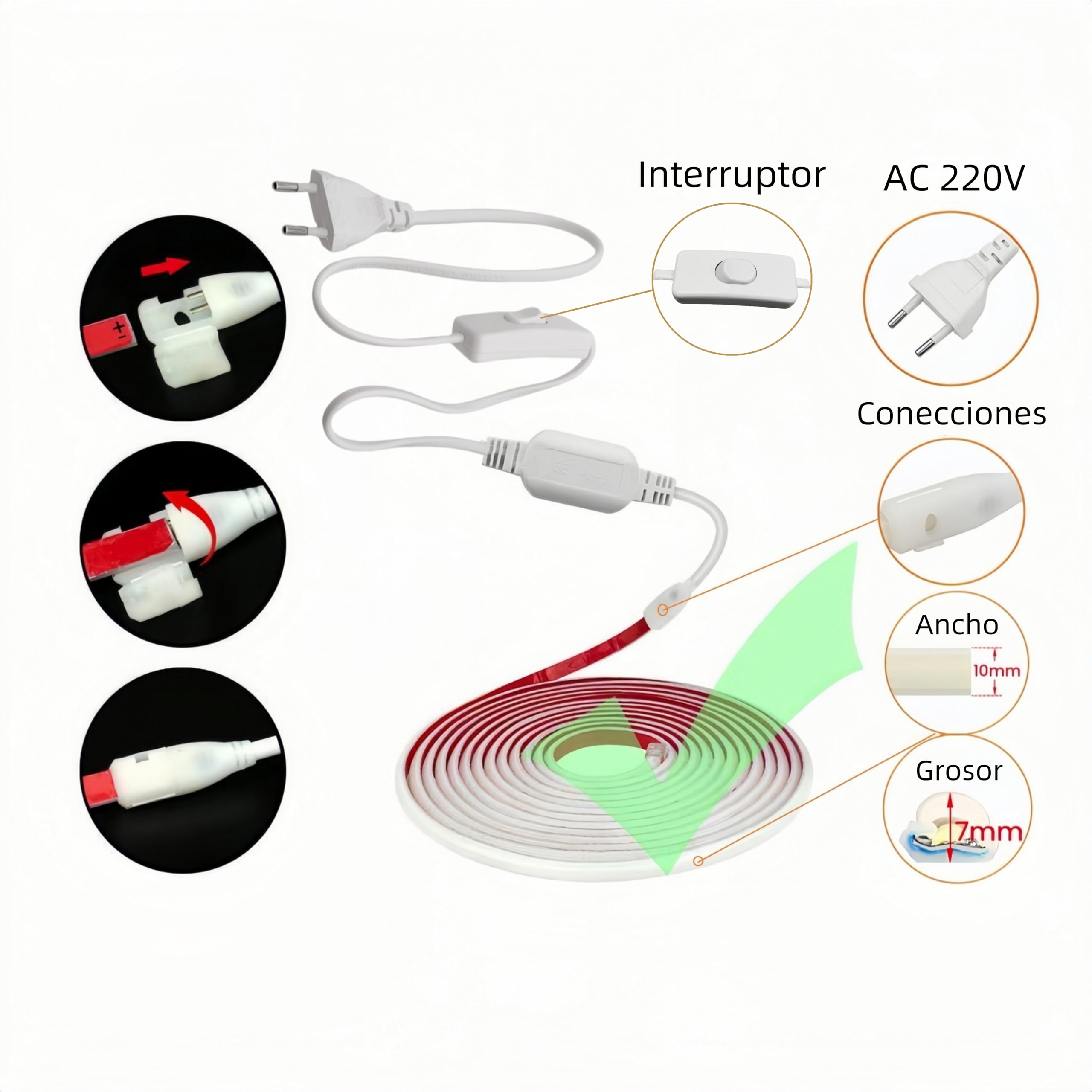 ONSSI® Bandes LED Néon 220V (Bleu,20 Mètres),Cordon Lumineuse COB 12W/M,Chaque Coupe de 10 cm, Étanche Ip65 avec Prise Interrupteur et Autocollant,LED Néon pour Utilisation Intérieure et Extérieure