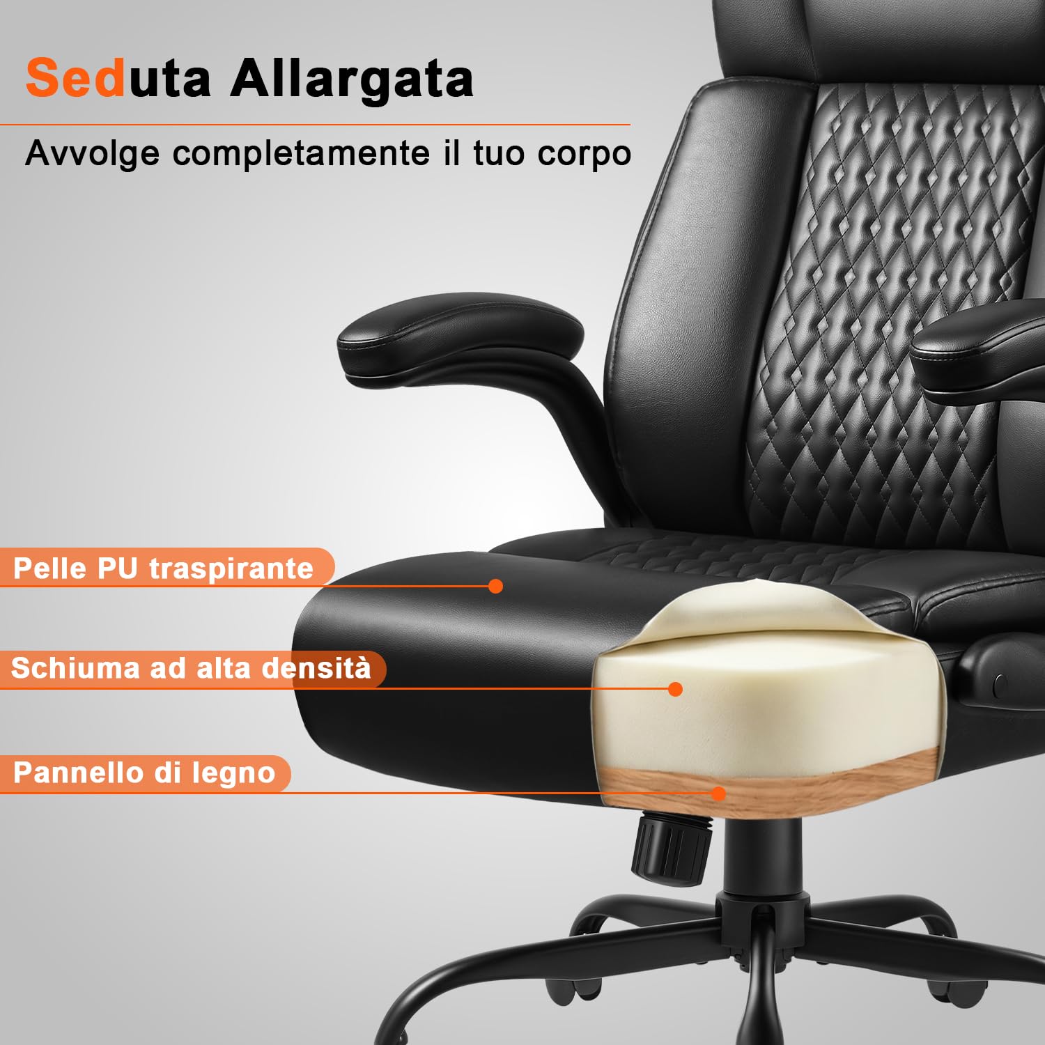Waleaf Sedia da Ufficio Ergonomica in Pelle, Sedia da Scrivania con Schienale Alto, Altezza Regolabile con Ruote Silenziose, Portata Massima 150 kg, Poltrona Ufficio Nero