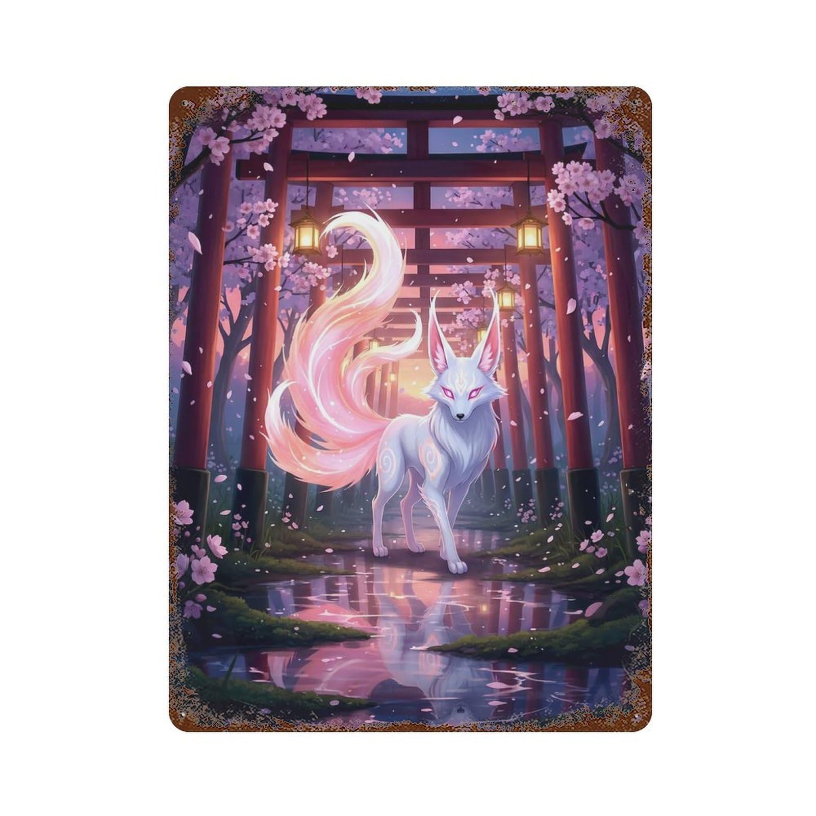Rust Effect Kitsune in A Torii Gate Rustic Tin Plaque 15.7"x11.8", Industrial Home Decor for Bistro, Counter And Cafe Decor