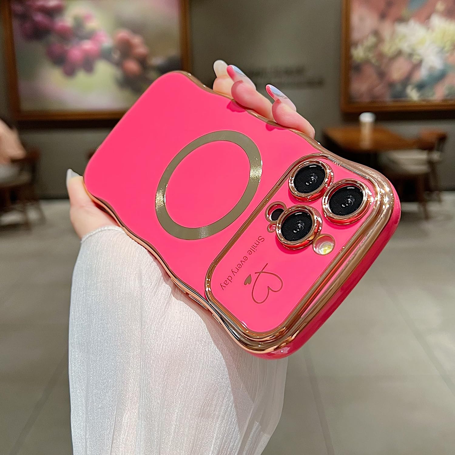 for iPhone 14 Pro Max Case Magnetic,for Women Girls Soft Cute Wave Frame Curly Shape Love Heart Luxury Plating Phone Case Compatible with MagSafe Shockproof Back Cover 6.7"-Hot Pink - Image 5
