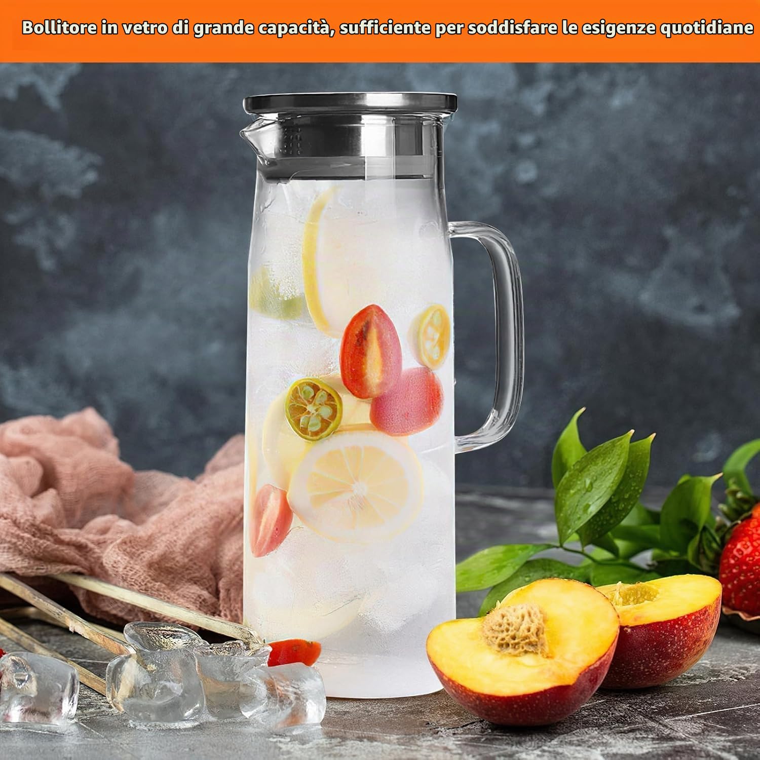 2PCS 1,5L Caraffa in Vetro Borosilicato Con Coperchio, Brocca d'Acqua Con Spazzola per Tè Ghiacciato, Acqua Calda Fredda, Succo