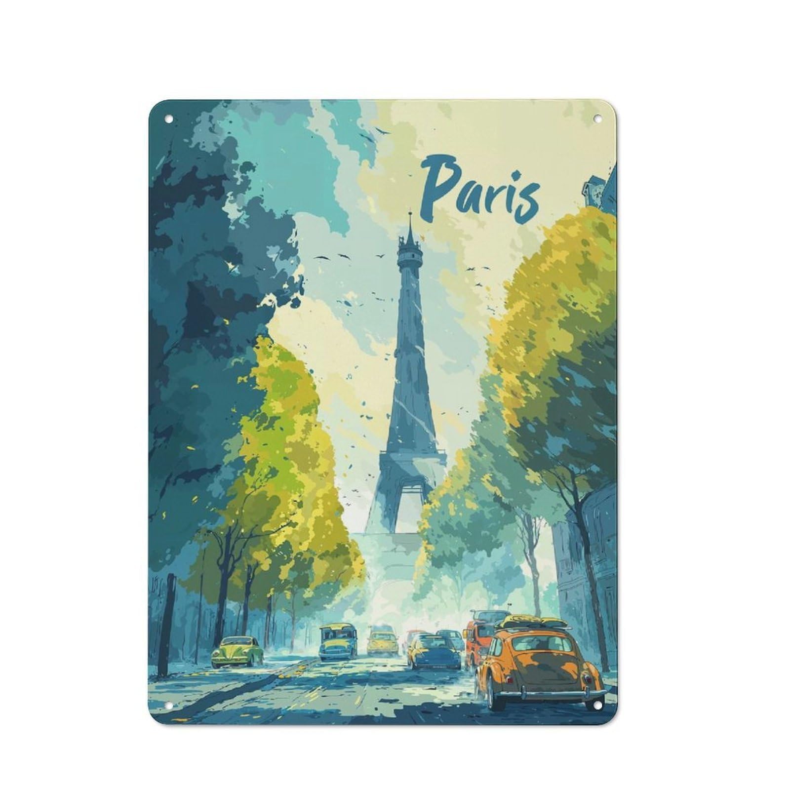 Junmoney Paris Eiffel Tower Street Scene Rustic Tin Sign 40X30cm For Living Room Or Hallway, Suited To Living Room Decor Lovers