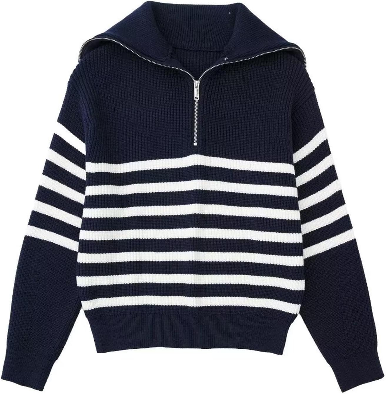 Women's Casual Long Sleeve Sweaters Loose Half Zipper V Neck Knit Stripe Print Pullover Sweater Jumper Tops