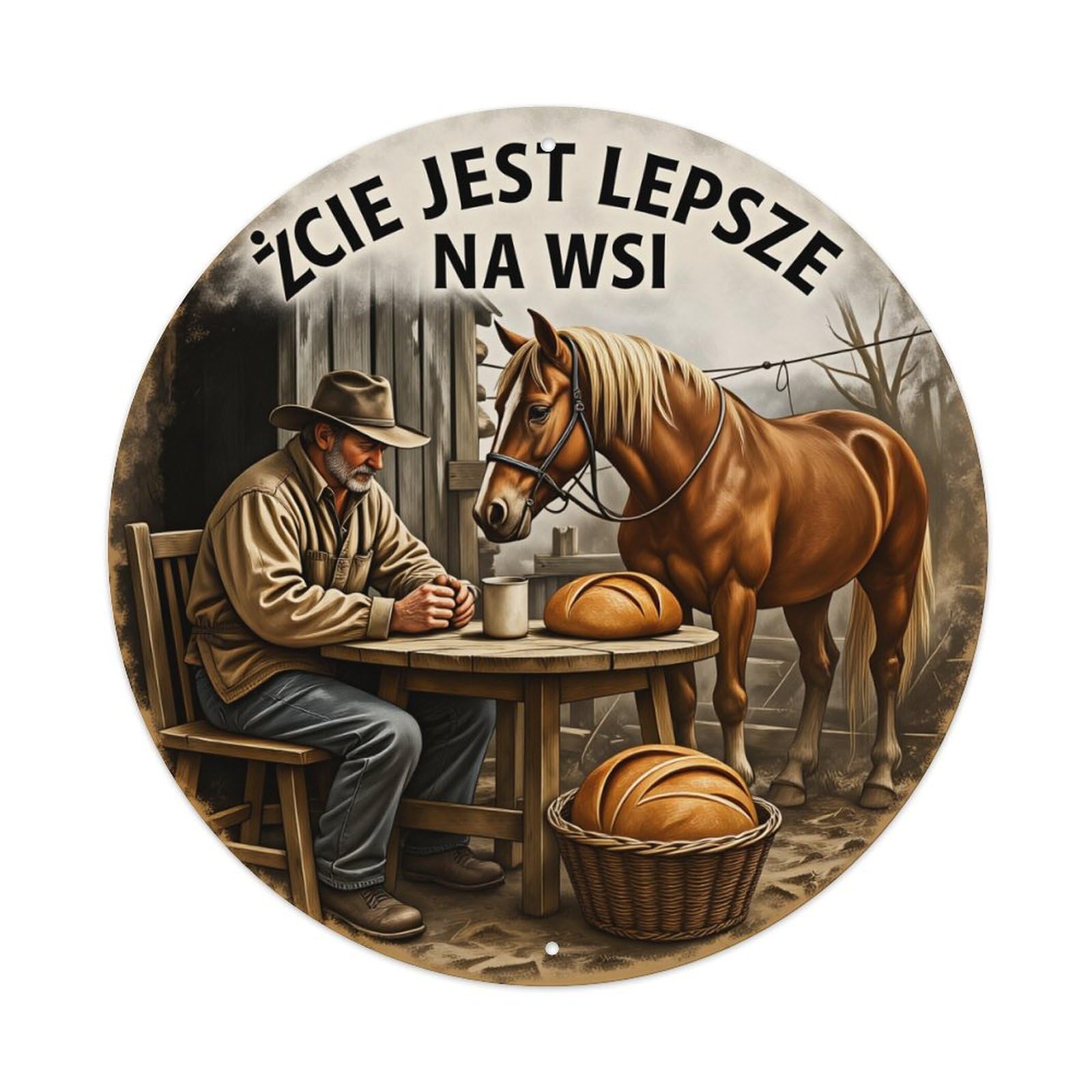 Farmer Horse Table Bread Basket Round Tin Sign Vintage Style Metal Sign Home Bar Garden Wall Plaque Decor Metal Poster 8x8 Inch