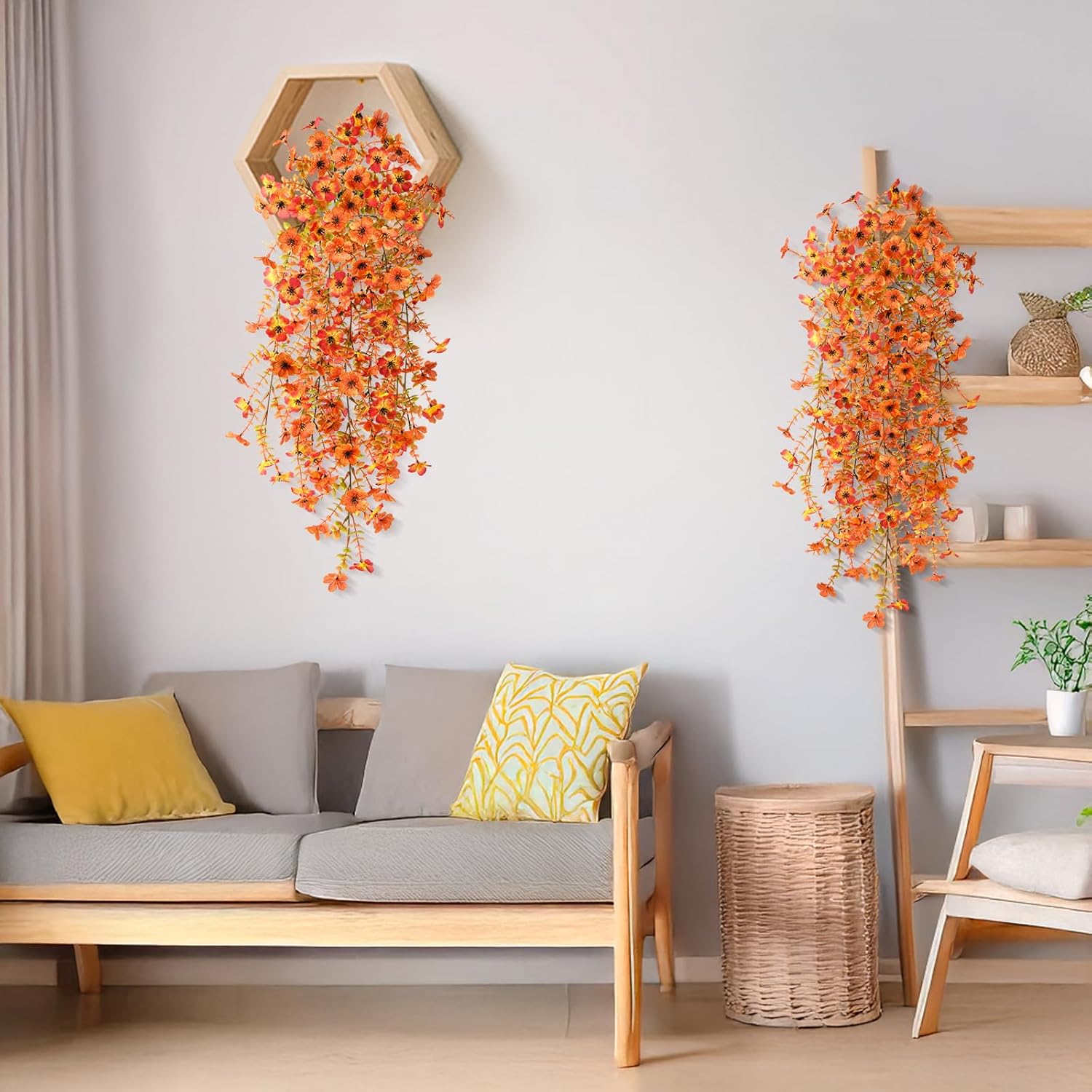 Artificial Fall Fake Flowers for Outdoor, 2 Pcs Fake Mums Faux Hanging Flowers Outdoor Fall Decor, UV Resistant Silk Flower for Front Door Porch Planters Patio Yard Garden(Orange Sunset Red) - Image 4