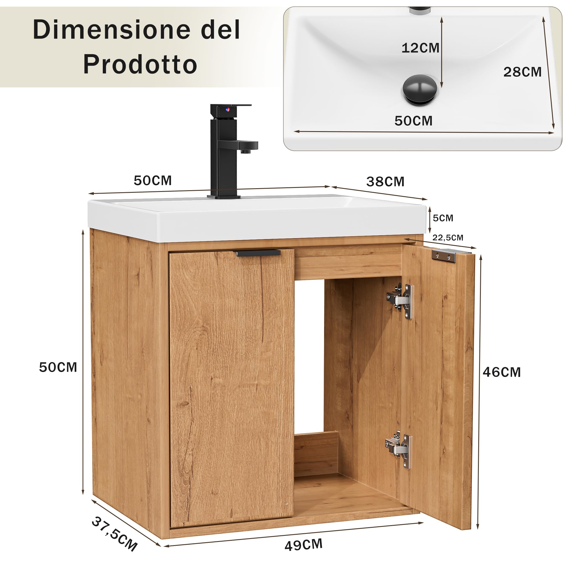 UEV Mobile Bagno a 2 Ante con Lavabo in Resina, 49x37,5x50, Naturale