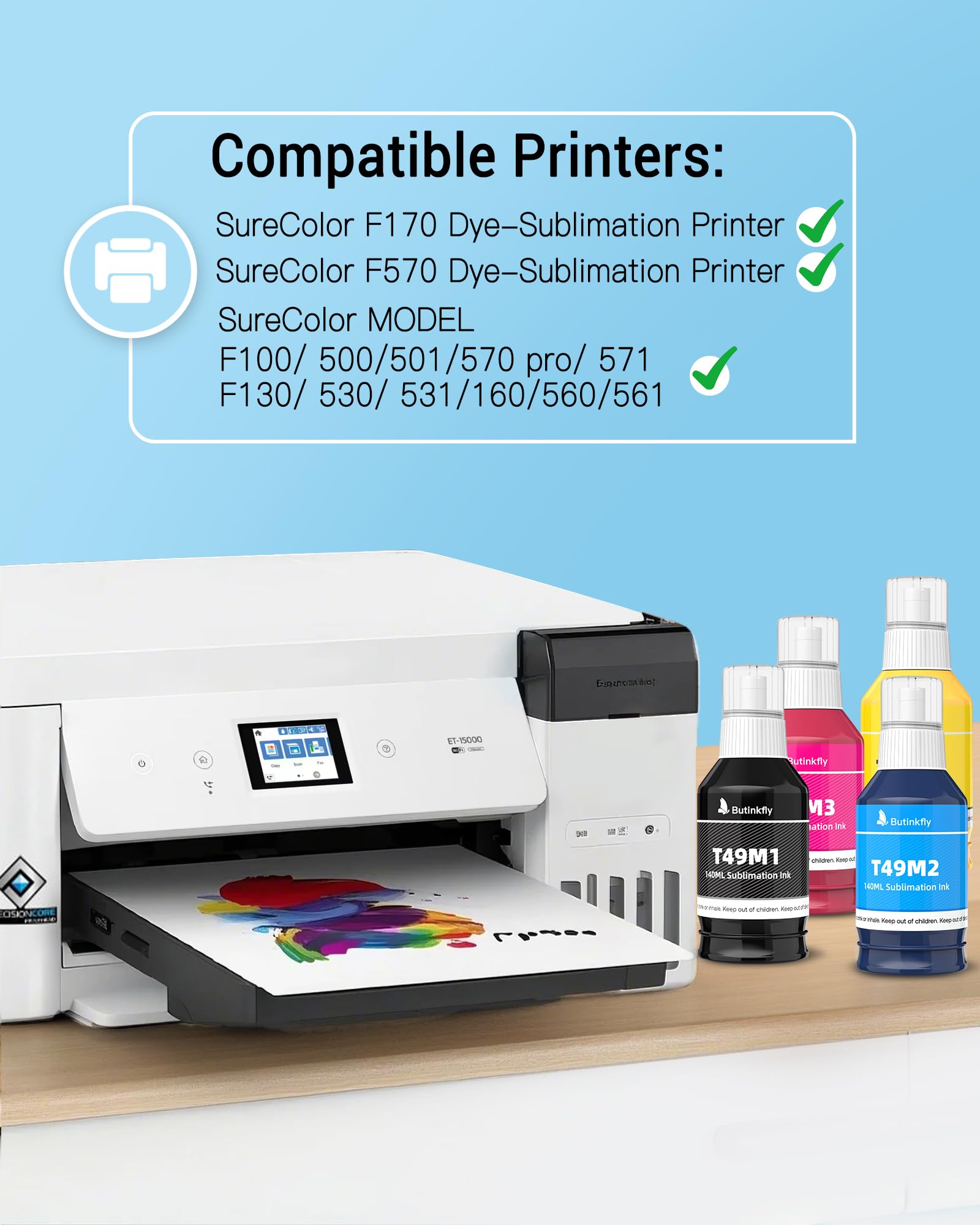 Tinta de sublimación T49M sin obstrucciones de 140 ml, compatible con impresora de sublimación Epson SureColor F170 F570, sin ICC, diseño a prueba de fugas, color vivo y antidecoloración garantizado