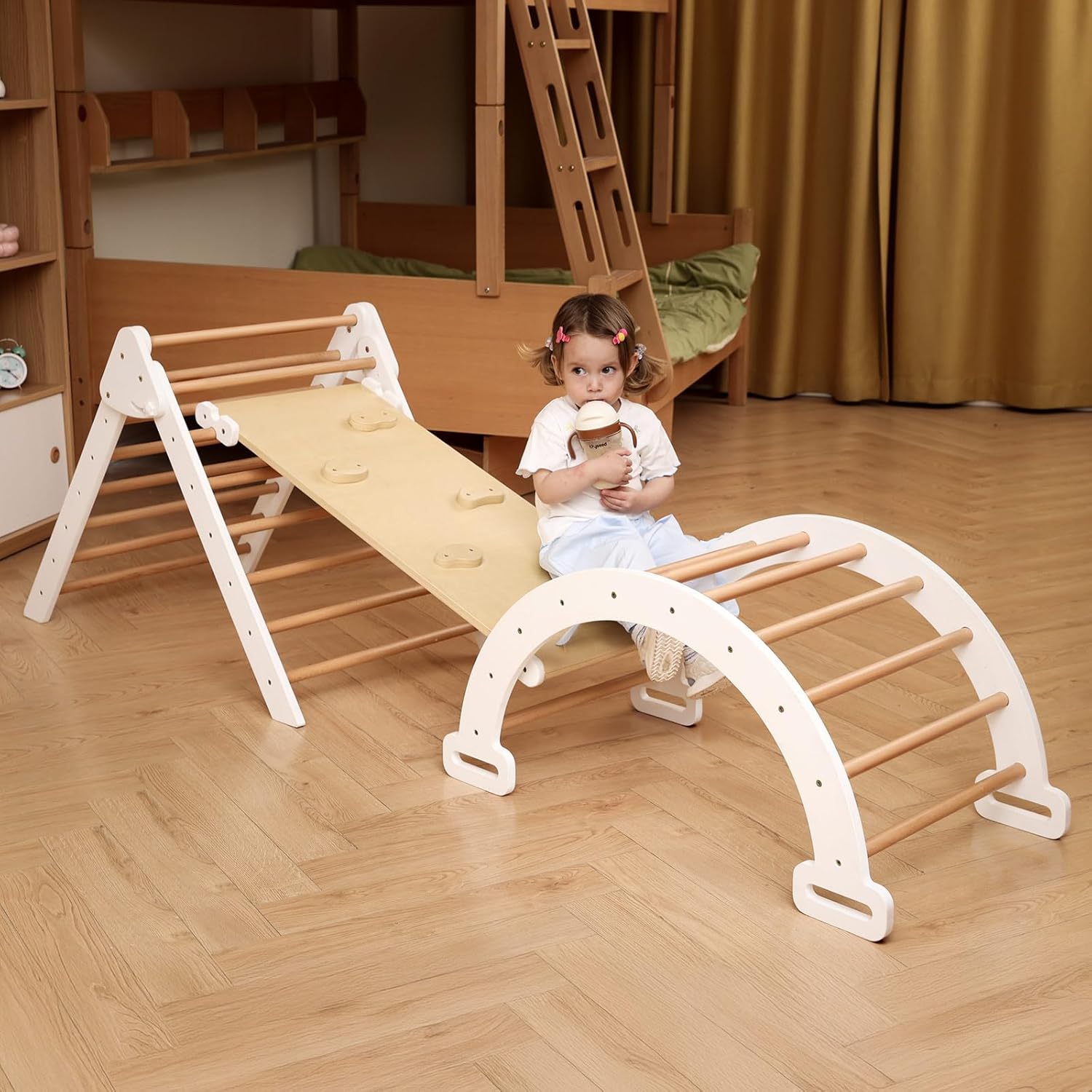 Pikler Triangle Set, 7 in 1 Baby Climbing Toys, Wooden Montessori Foldable Climbing Set with Arch, Ramp and Ladder, Toddlers Climber Indoor Playground Jungle Gyms for Kids