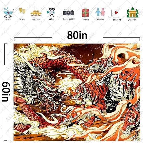 Miniatura 7 de Aidatain Tapiz de pared japonés de lucha de dragón, mitología de fantasía, arte de animales, tapiz colgante de pared, tela de franela de 80 x 60