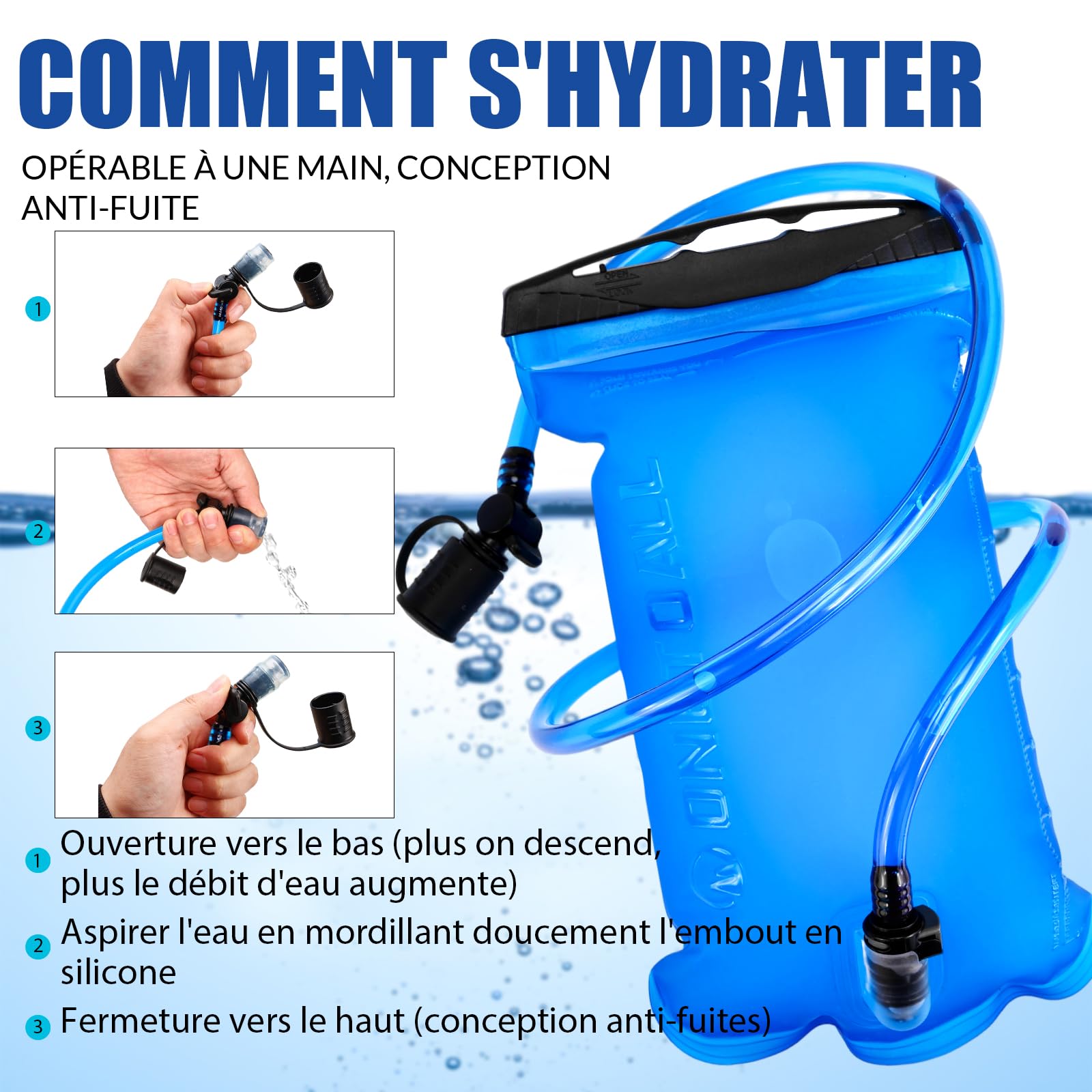 Sac à dos d'hydratation de 22 L, sac à dos de randonnée avec poche étanche de 2 L, housse de pluie cousue, compartiment isotherme pour homme et femme, course à pied, cyclisme, camping