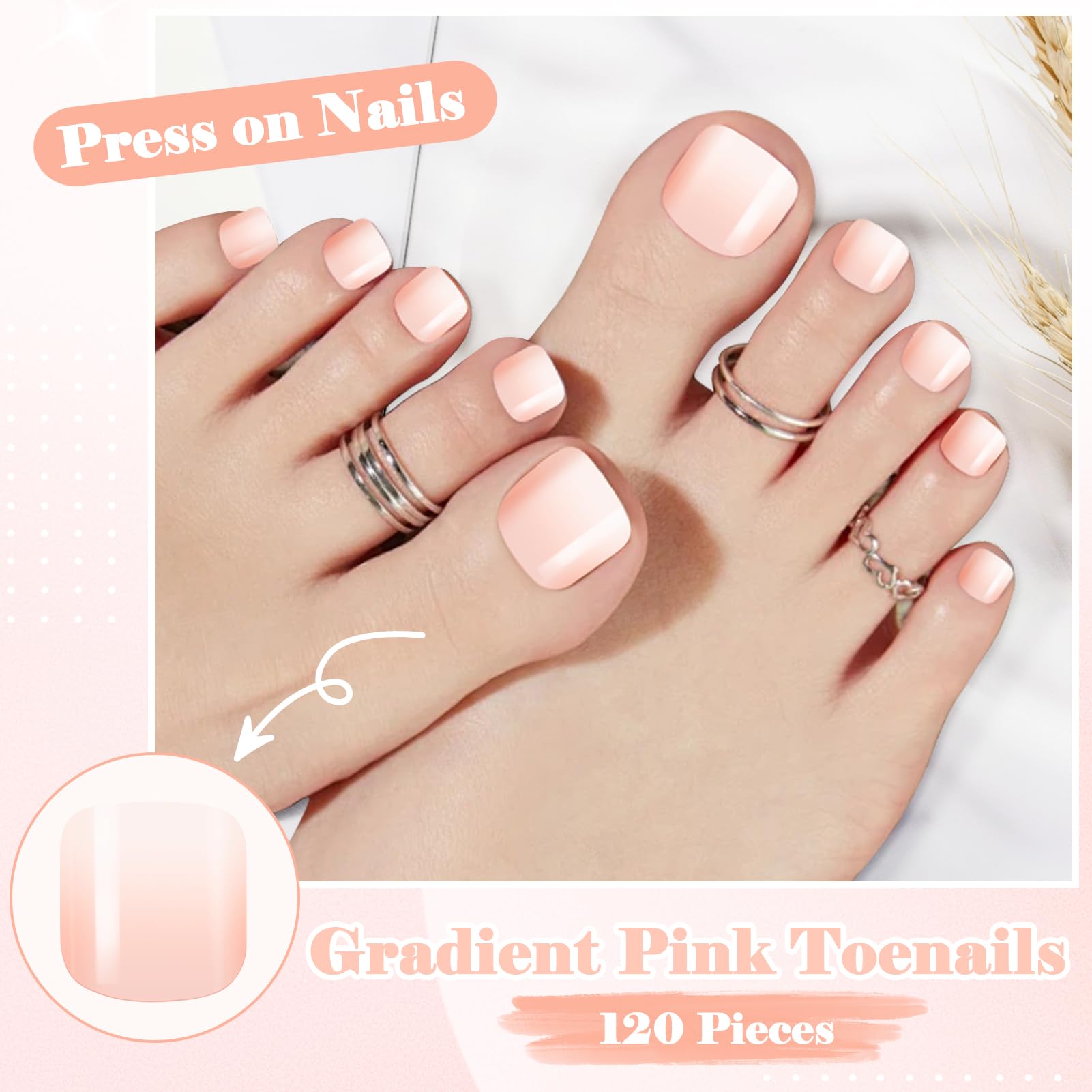 MELLIEX 120pcs False Toenail Set, 12 Sizes Full Cover Gradient Fake Toe Nails - Image 2