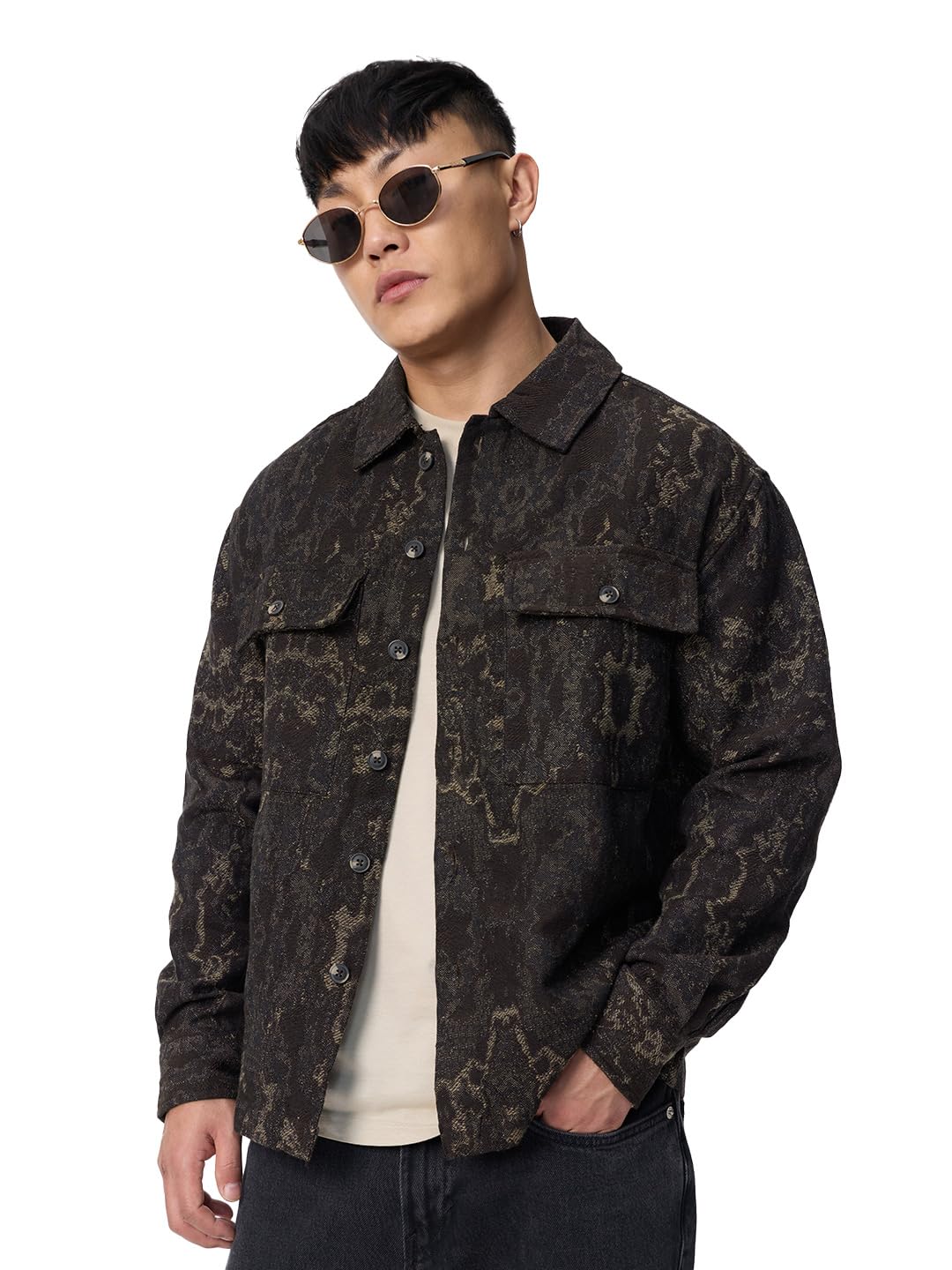 the souled store Jacquard Shacket: Vintage Wood Men and Boys Full Sleeves Spread Collar Dark Brown Textured Cotton Polyester Regular Fit Lightweight Everyday Winter Jacket-picture-12