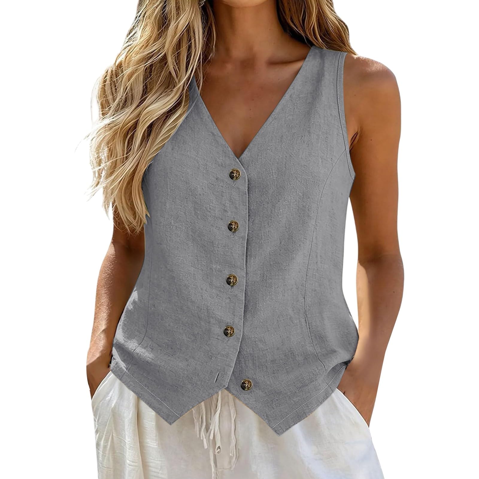Gilet da Donna Elegante in Lino Cotone Gilet Smanicato con Scollo a V e Bottoni Top Estivo per Ufficio e Vacanza Colori Solidi Abbigliamento per Occasioni Formali Casual Moda Estivo Primavera 2026