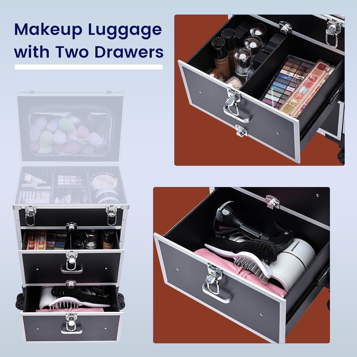 Adazzo Professional Rolling Makeup Train Case with Drawers, Large Cosmetic Trolley with Locks, Cosmetics Storage Organizer Make up Case for Travel Makeup/Nail Art/Hair Styling, Matte Black - Image 4